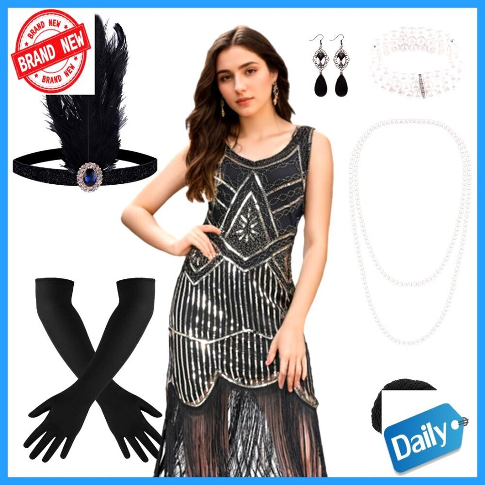 1920s Flapper Dress with Accessories, Sequin Fringe Midi Prom Costume